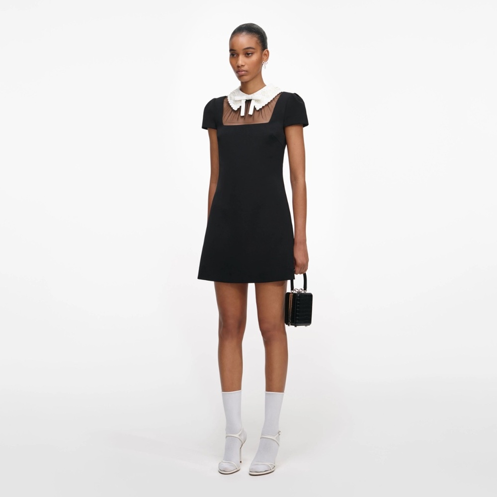Self Portrait Black Crepe Bow Collar Mini Dress